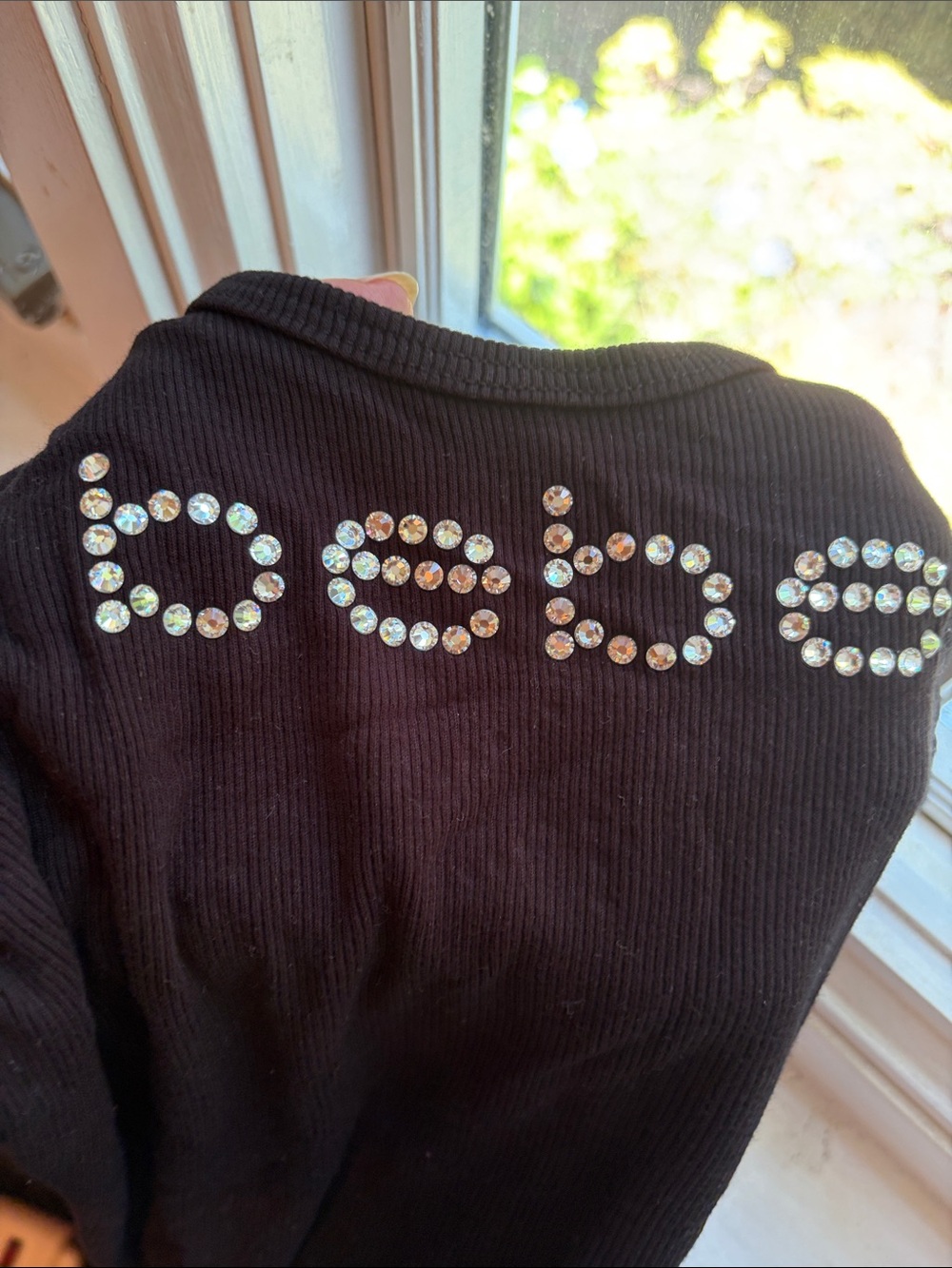 bebe Black Ribbed stretch Top with rhinestone Logo - Picture 2 of 8